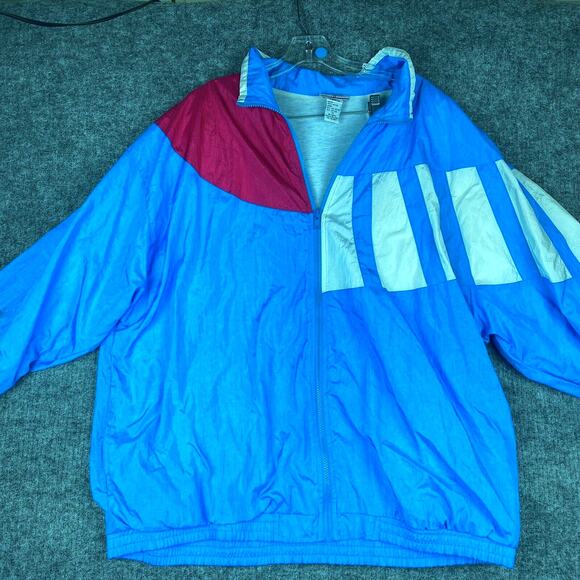 Vintage 80s 90s Track Suit Women 1X Blue Pink Nylon Parachute Jacket Pants Set - Picture 2 of 12